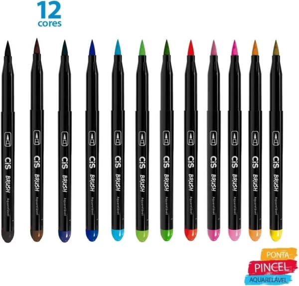 Caneta Pincel Cis Brush Aquarelável Com 12 Cores