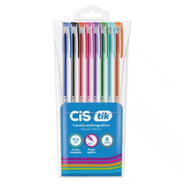 Caneta Esferográfica Cis Tik 0.7mm Estojo Com 8 Cores Cis